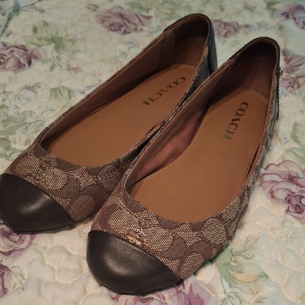 Coach Brown Signature Canvas & Black Cap Toe Flats